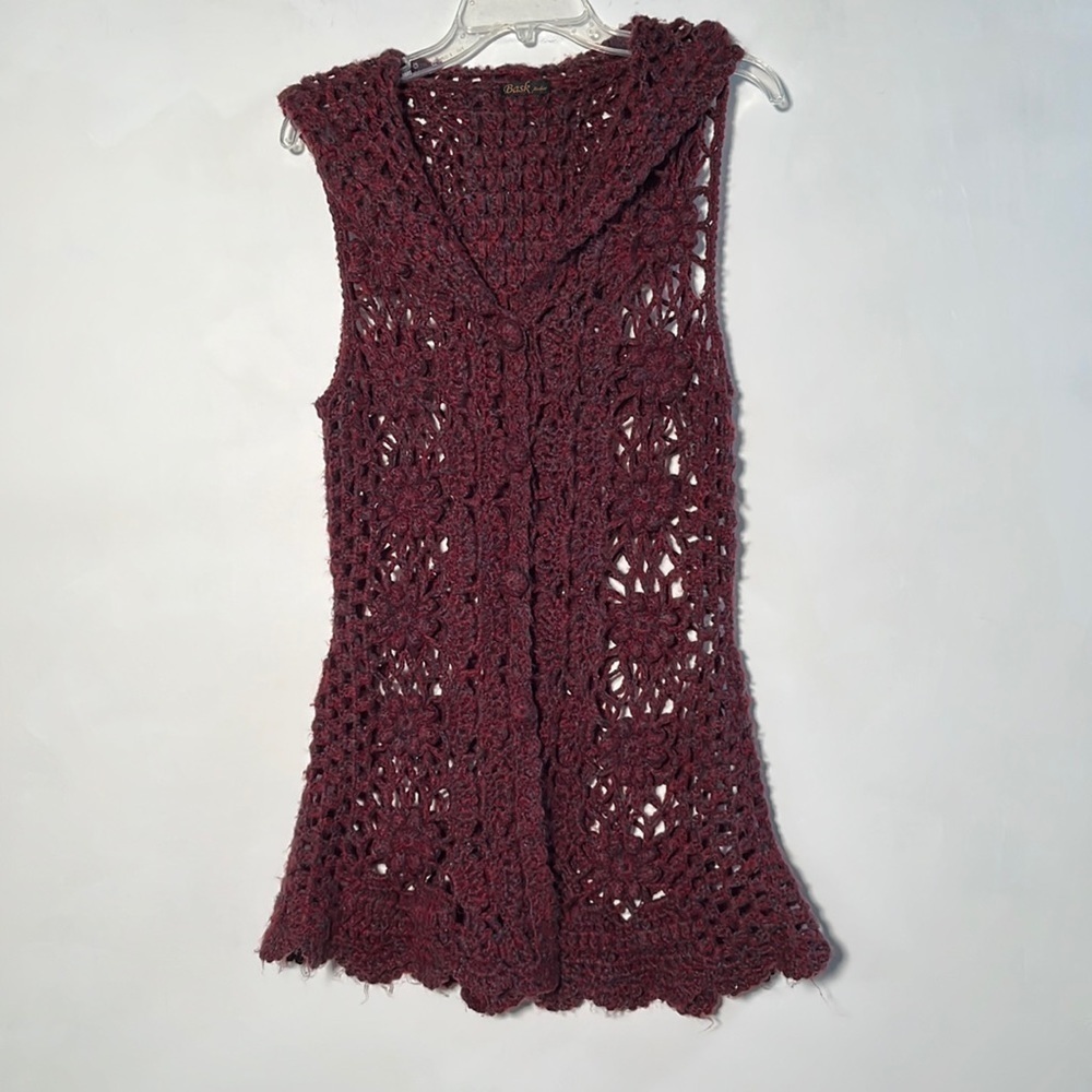 BASK ATELIER Boho Sleeveless Button Up Maroon Hooded Floral Crochet Vest SZ XS/S